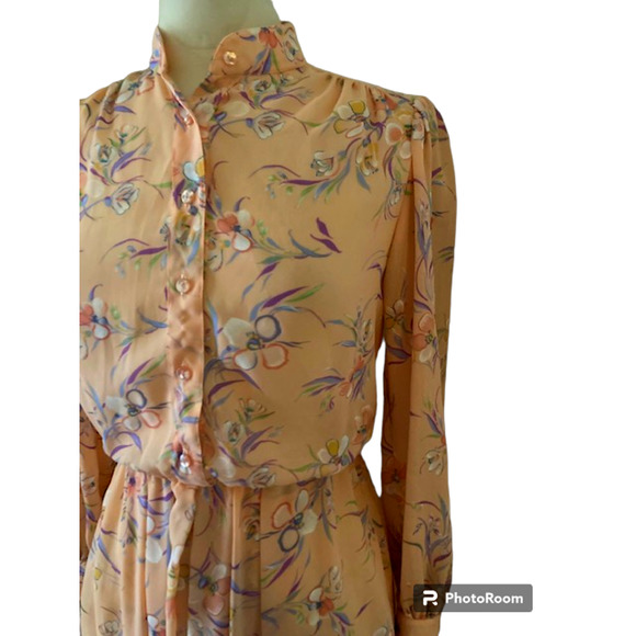 BIG SALE! Vintage 70's Matti Of Lynne Peach Floral Dress - Size 8 - Picture 3 of 10